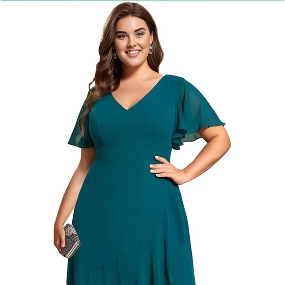 Ever-Pretty Plus Women's V Neck Ruffle Hem Short Sleeves A-line Plus Size - Picture 2 of 4